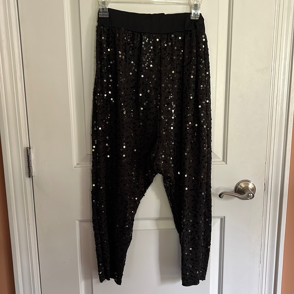 costume gallery Pants - Black sequin pants slouchy Sz medium drop crotch elastic waistband